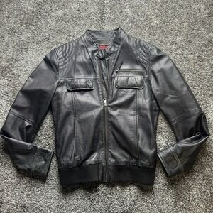 Zara Man Jacket Womens M Black Leather Bomber Quilted Collared Full Zip